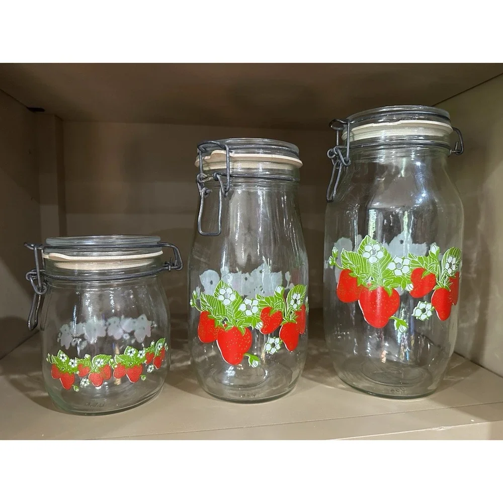 Vintage Carlton Ermetico Glass Strawberry Canister Set of 3 Grannycore Cottage